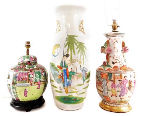 A Chinese Republic famille rose porcelain vase, of shouldered ovoid form, with twin pomegranate moulded handles, the reserves