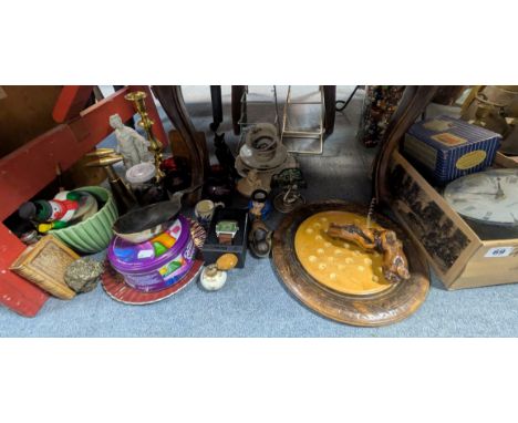 A brass engraved oval tea tray, 46cm x 60cm; a bagatelle board; a solitaire board; various decorative ornaments; &amp; sundry