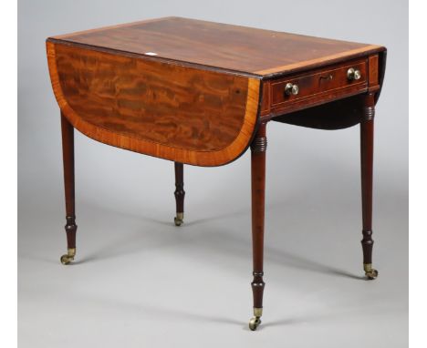 A 19th century inlaid &amp; mahogany crossbanded Pembroke table fitted with an end drawer, &amp; on four ring-turned tapered 