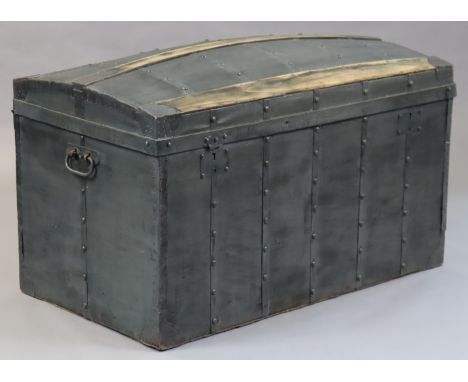 A 19th century CONSTANT VUITON DOME-TOP STEAMER TRUNK with fibre-covered ribbed &amp; iron-bound exterior, paper-lined interi