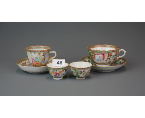 A pair of fine 19th century Chinese Canton enamelled and gilt tea bowls, H. 4cm. Together with two Canton enamelled cups and 