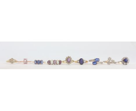 A group of nine mixed 9ct yellow gold rings (one rose gold) all set with a variety of different stones including diamond, gar