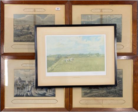 A framed set of four 1839 coloured engravings of the First Steeple Chase on record, frame size 52 x 80cm. Together with a pen