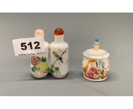 A Chinese porcelain double snuff bottle, together with an Eastern hand painted box.