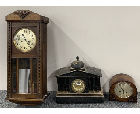 A Victorian slate mantle clock, an oak wall clock and an oak mantle clock.