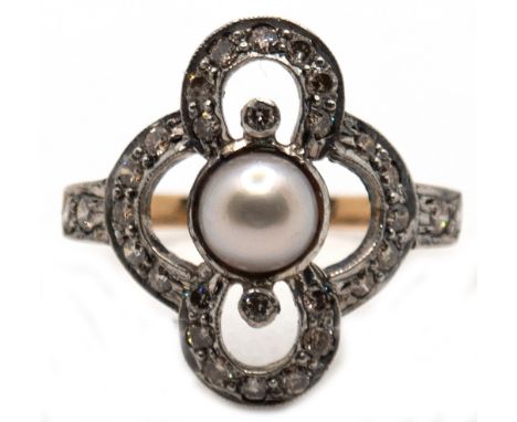 Ring im Art-Deco-Stil, 750er GG, 3,7 gr., Brillanten 0,45 ct. echte Perle,  RG, 55, Innendurchmesser 17,5 mm