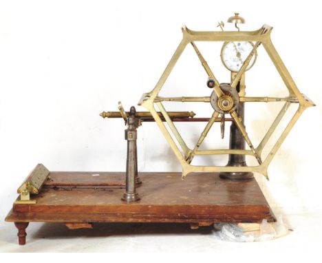 A large 19th Century Victorian brass wool winder and counter, the moulded edge mahogany plinth raised on turned legs, the hex