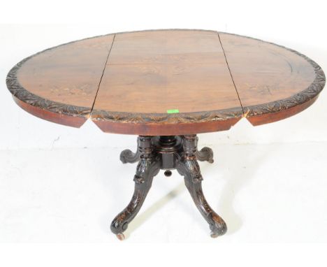 Victorian 19th century marquetry inlaid drop leaf dining table, inlay to top along with marquetry detailing to centre panel a