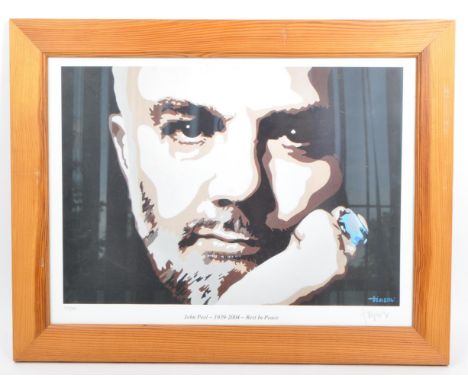 A contemporary lithograph print entitled 'John Peel 1939 - 2004 - Rest in Peace' being signed by the Bristol artist Tim Steve