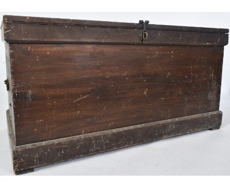 A large early 20th century wooden carpenter tool industrial chest box. The box having a hinged top over twin metal handles. R