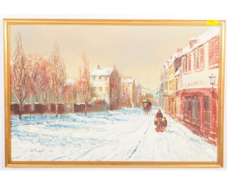 John Bampfield - (1947-) A large 20th century oil on canvas painting by John Bampfield to depict a winter cityscape with figu