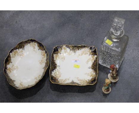 Cut glass decanter, two Hummel figures and two Royal Doulton bowls 
