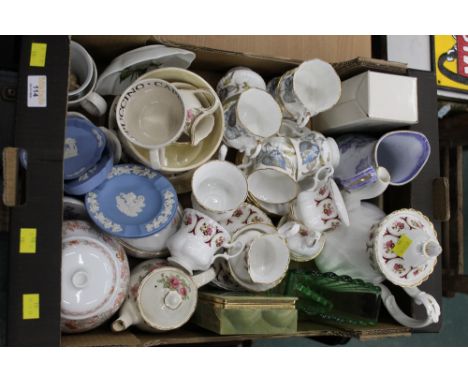 Box of part tea sets, Carltonware dish, Wedgwood Jasperware etc