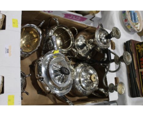 Plated ware tea set, candelabra etc  