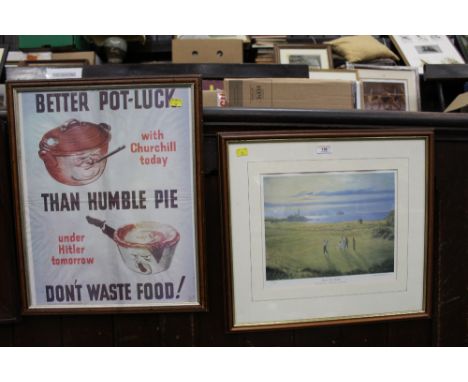 Limited edition signed print, 499/500, "Down the Middle" and a copy of World War II poster, "Better Pot Luck"