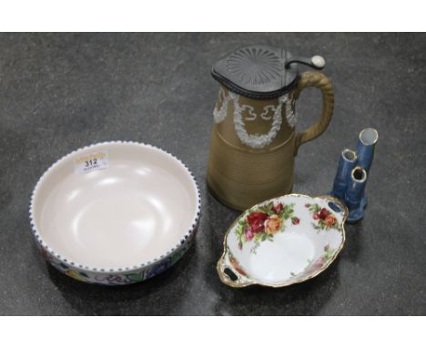 Poole bowl, Royal Albert Old Country Rose bowl, bud vase, Doulton style hot water jug 