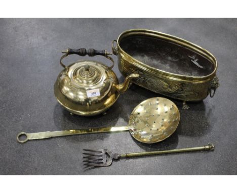 Brass kettle, skimmer, toasting fork and planter 