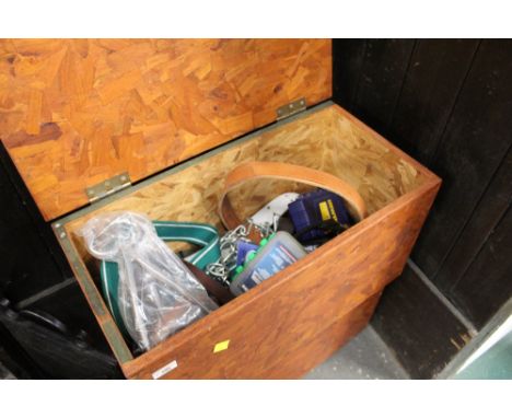 Two wooden boxes of tools, belts etc 