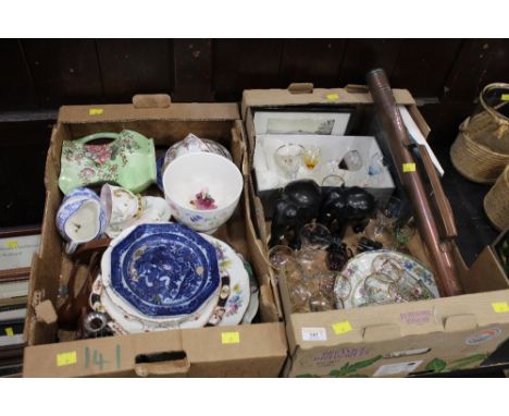 Two boxes of elephant ornaments, glassware, decorative plates, Maling jug, print etc  