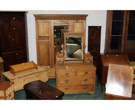 A late 19th/early 20th century ash two piece bedroom suite (triple mirror door wardrobe, 212 cm x 154 cm x 50 cm, and dressin