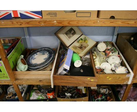 A shelf of miscellaneous, china, binoculars, photographs etc.