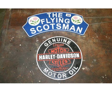 Two metalwork signs 'Flying Scotsman' and 'Harley Davidson'