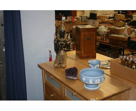 A large piece of amethyst, two pieces of Jasperware and a kneeling Buddha