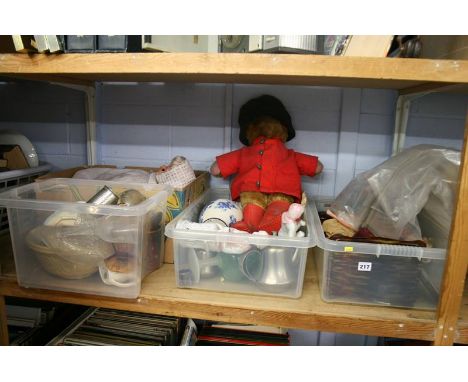 A shelf of miscellaneous, china, glass etc.