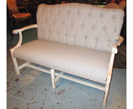 SOFA, Georgian revival white painted in ticking upholstery with buttoned back and open arms, 136cm W.