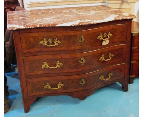 COMMODE, 18th century North Italian yewwood and burr yewwood with serpentine variegated marble top, two short and two long dr