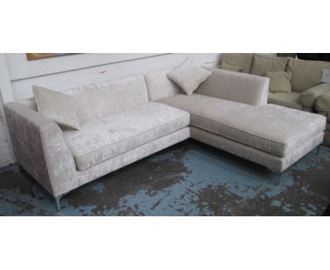 CORNER SOFA, contemporary design in shimmering cream crushed velour on chrome metal legs, 250cm x 205cm. 