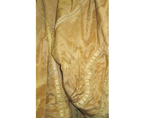 CURTAINS, two pairs, gold silk moiree, 120cm gathered by 300cm drop, the other pair 75cm gathered by 350cm drop with pelmets 