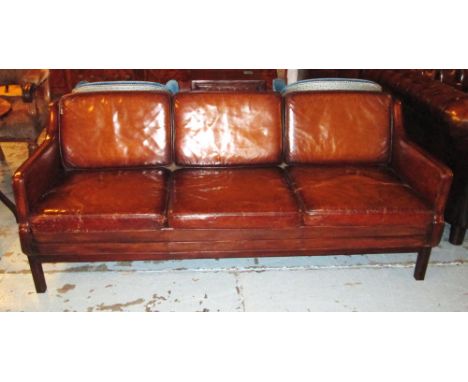 SOFA, 1970's, tan brown leather with three seat cushions and square supports, 192cm W. 