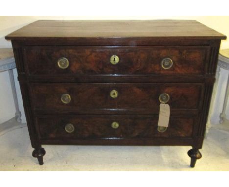 COMMODE, 18th century Tuscan burr walnut and cherrywood with three long drawers and turned supports, 118cm x 60cm x 93cm H.