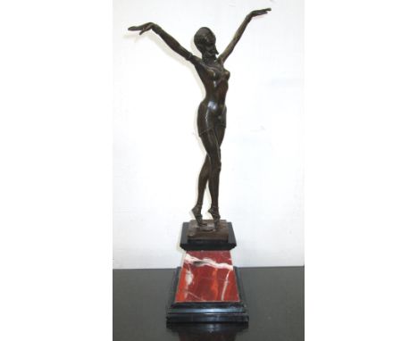 BRONZE, Art Deco style after D.H.Chiparus modelled as a female dancer on marble plinth, 54cm H x 25cm.