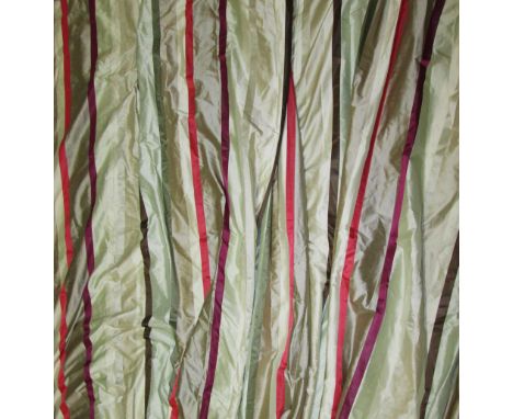 CURTAINS, a pair, by Nina Campbell, pleated satin in purple and shades of green stripes, each 231cm drop by 148cm gathered. (