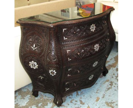 BOMBE COMMODE, Damascus style, carved and inlaid detail with four drawers, 102cm x 41cm x 88cm H.