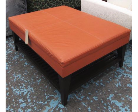 FOOTSTOOL, Italian tanned white stitched leather with magazine shelf below, 160cm x 90cm x 50cm H.