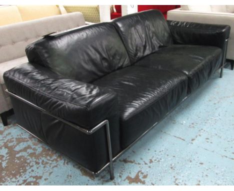 SOFA, large two seater, Le Corbusier style in black leather on chromed metal tubular supports, 232cm L.