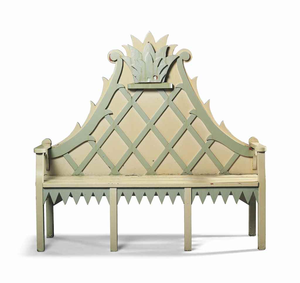 A Cream And Blue Painted Garden Bench 20th Century The Scrolled