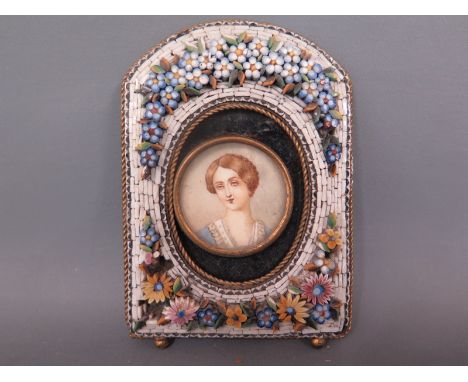 A micro mosaic frame with miniature portrait of a lady - 9cm x 6.5cm - back of frame with extensive damage