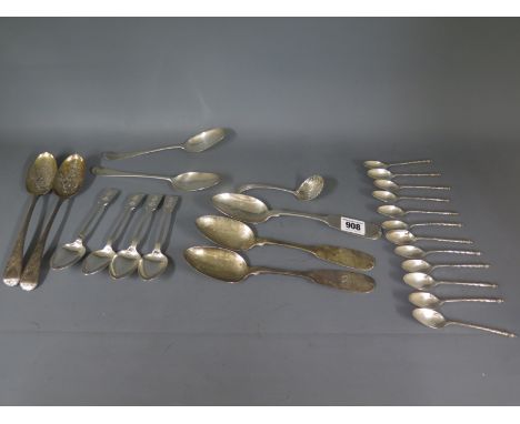 A collection of silver flatware including a pair of engraved spoons and a sifter - 24 pieces - total weight approx 20 troy oz