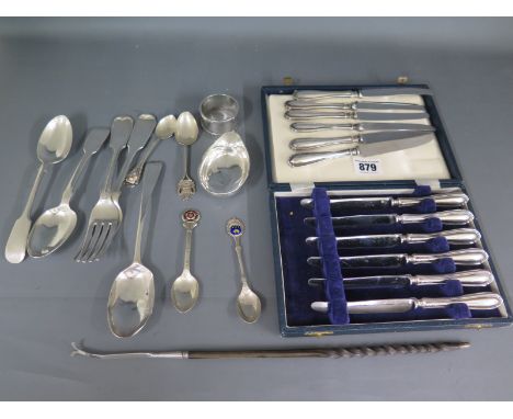 A collection of mixed silver flatware including two sets of silver handled knives, a serviette ring and a broken ladle - tota