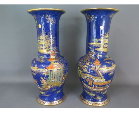 A pair of Art Deco Carltonware Rouleau shaped vases with enamelled and gilt Chinoiserie decoration - Height 33cm x  Diameter 
