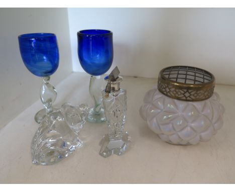 An opalescent glass posy vase, two blue glasses, a table lighter and a Waterford glass paperweight - chips to rim of vase, re