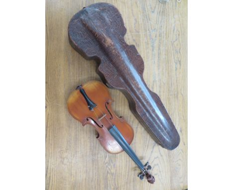 A 19th century violin with double purfling decoration, a carved mans head finial and a marquetry town scene to back with the 