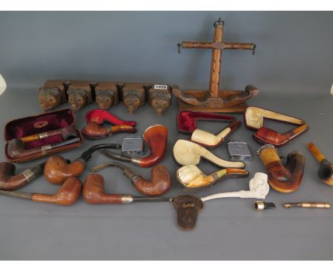 Smokers Ephemera - including two pipe racks, pipes including Mearsham, many silver banded pipes and two Ronson lighters