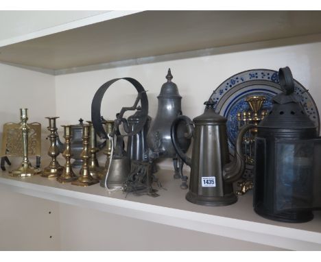 A collection of assorted brass candlesticks, pewter ware, ceramics, a servants bell and lantern