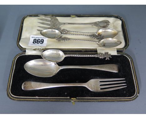 A boxed silver spoon, a silver fork and four Sterling silver spoons - Total weight approx. 3.5 troy oz 