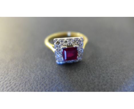 An 18ct gold and platinum diamond and ruby ring, single square baguette cut ruby approx 4mm x 4mm - ring size M - weight appr